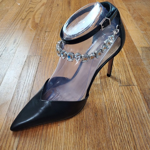 SCHUTZ Shoes - Schutz Aleah Leather Heels Sz 8 Pointed Toe Heel Black Rhinestone Chain NWOB